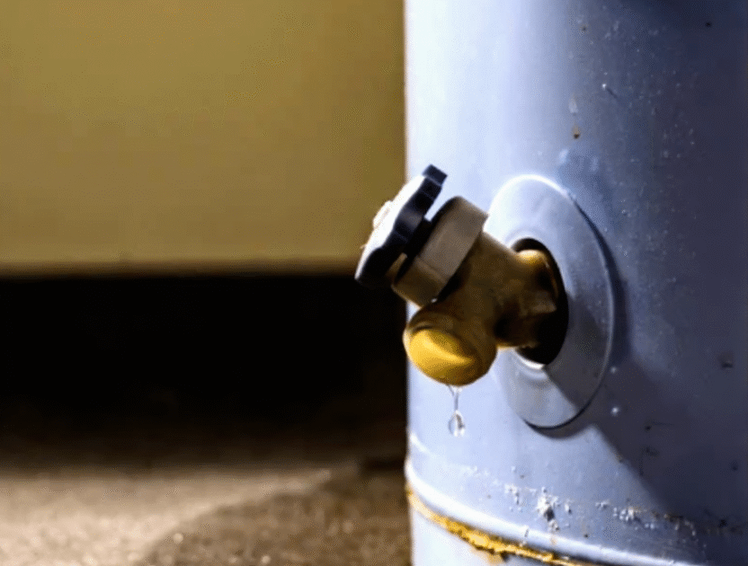 A leaking water heater tank is causing water to pool on the utility room floor.