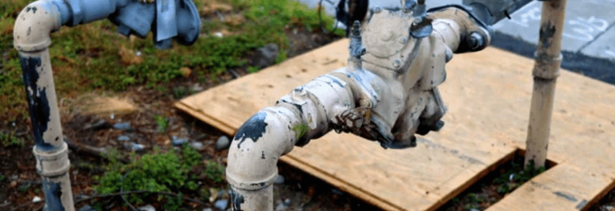 Backflow preventer device installed on residential water supply line with test ports visible