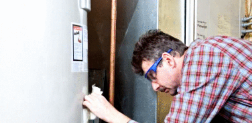 A technician is repairing a residential electric water heater in a utility room.
